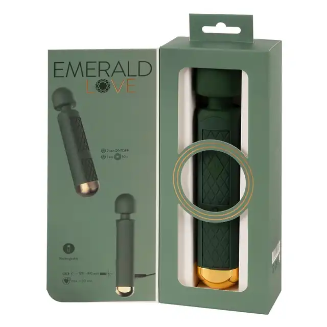 Emerald Love - Luxurious Wand Massager USB. Elegancka, zielona magiczna różdżka z ruchomą główką i 10 trybami wibracji
