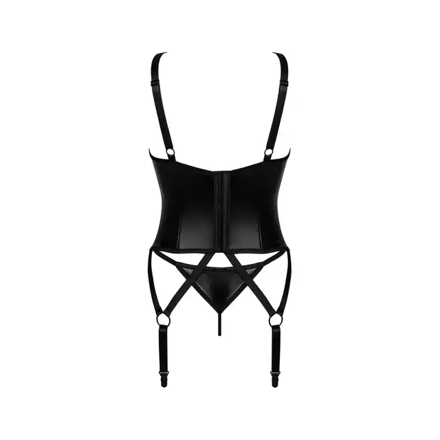 Obsessive - Armares gorset i stringi M/L Intrygujący, lśniący czarny gorset z elegancką zawieszką