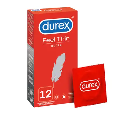 Durex - Feel Ultra Thin 12pc. Opakowanie extra cienkich prezerwatyw, z dodatkową ilością lubrykantu nawilżającego dla optymalnego poślizgu