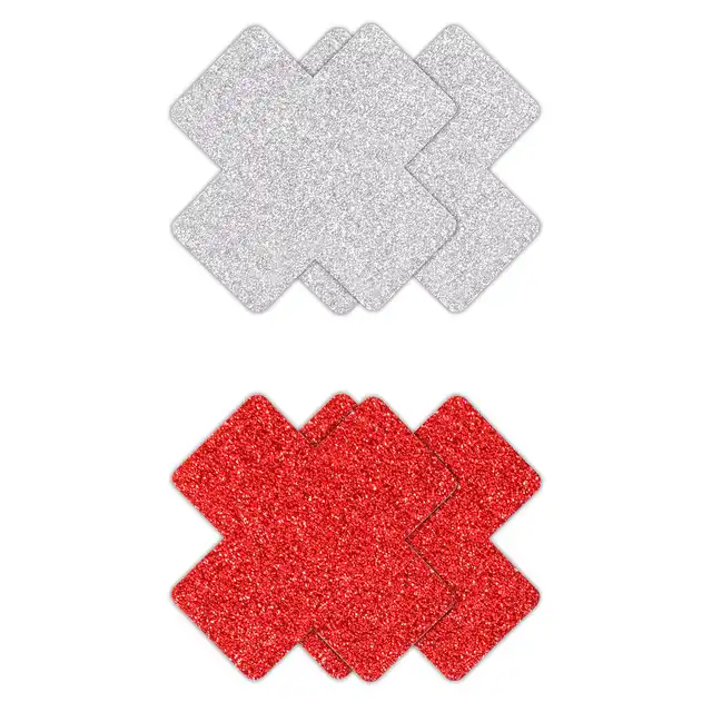 Pretty Pasties - Glitter Cross Red &amp; Silver. Dwie pary naklejek na sutki w kształcie krzyżyków, czerwone i srebrne nasutniki z brokatem
