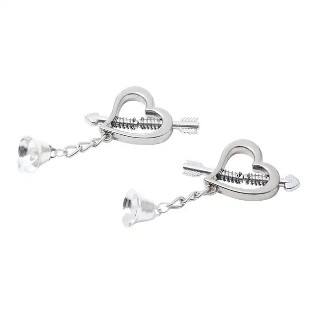 Kiotos - Nipple Clamps Heart Shaped Spring. Metalowe klamerki na sutki w kształcie serduszek. Mechanizm sprężynowy i dzwoneczki