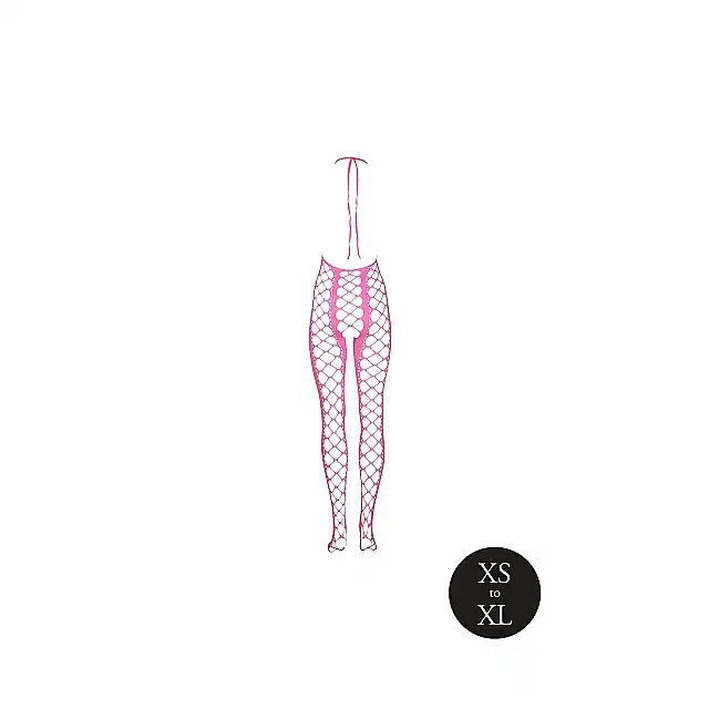 Ouch! - Bodystocking with Halterneck XS/XL. Neonowy bodystocking z ponętnymi wycięciami i otwartym krokiem, świecące w ciemności