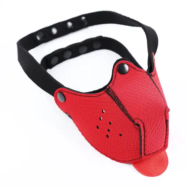 Kiotos - Neoprene Puppy Dog Red Mouth Mask BDSM. Czerwona maska psa z odpinanym pyskiem i języczkiem. Wyraź swój styl w puppy play!