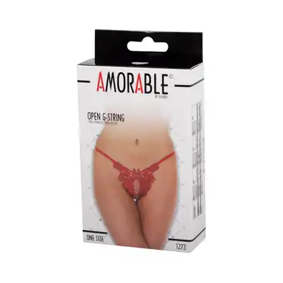 Amorable -  Open String Red. Krwisto czerwone stringi z koronką w kształcie motyla, delikatne i nieoczywiste uwydatnienie piękna