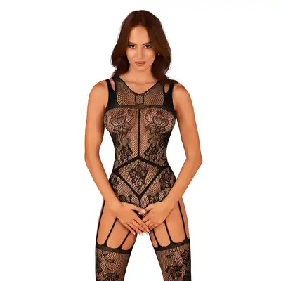 Obsessive - F239 Bodystocking S/M/L. Wyjątkowy bodystocking o kroju body z otwartym krokiem w połączeniu z pończochami, romantyczny kwiatowy wzór