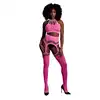 Ouch! - Two Piece with Crop Top and Stockings XS/XL. Neonowy bodystocking z topem wiązanym za szyją i pończochami połączonymi z pasem, świecące w ciemności. Ostatnia sztuka