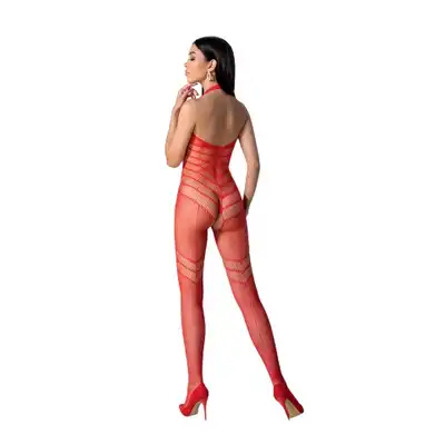 Passion - Bodystocking BS100 Red. Czerwony, kuszący bodystocking o geometrycznym wzorze podkreślającym sylwetkę