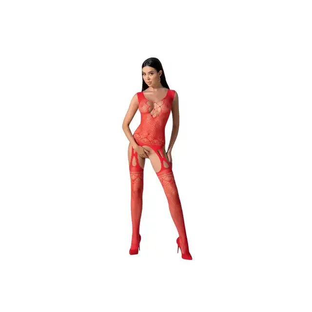 Passion - Bodystocking BS099 Red. Bodystocking o gorsetowym kroju, wycięcie na wysokości ud genialnie eksponuje pośladki