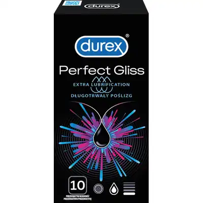 Durex - Perfect Gliss 10pc. Opakowanie prezerwatyw extra safe, o pogrubionych ściankach, z dodatkową ilością lubrykantu nawilżającego dla optymalnego poślizgu