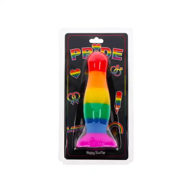 Pride - Happy Stuffer Large. Silikonowa, tęczowa wtyczka analna z szeroką podstawą. Duma i przyjemność.