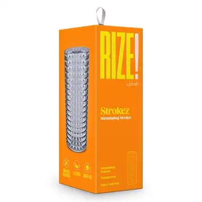Rize - Strokez Clear 13,9 cm. Przeźroczysty, teksturowany i żebrowany masturbator dla mężczyzn. Możliwość kontroli nacisku. 