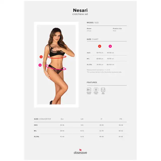 Obsessive - Nesari komplet 2-częściowy otwarty M/L. Zmysłowy czarny komplet z prześwitującym biustonoszem oraz stringami z dziurką