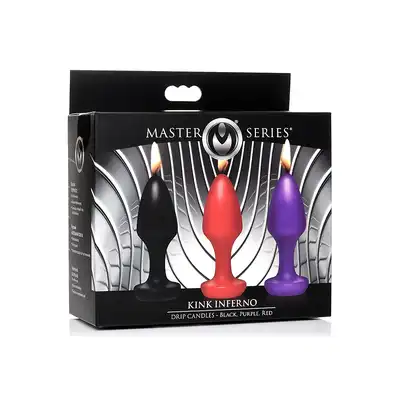 Master Series - Kink Inferno Drip Candles Black/Purple/Red. Zestaw kolorowych świec do BDSM w kształcie plugów analnych. Doskonały pomysł na urozmaicenie waszej sesji. 