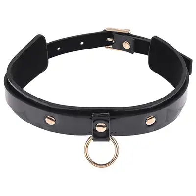 Sex &amp; Mischief - Orbit Day Collar. Elegancka czarna połyskująca obroża na szyję, połączenie luksusowej skóry ze złotymi dodatkami 