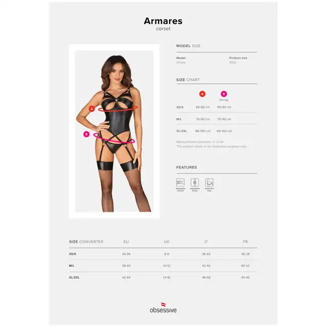 Obsessive - Armares gorset i stringi M/L Intrygujący, lśniący czarny gorset z elegancką zawieszką