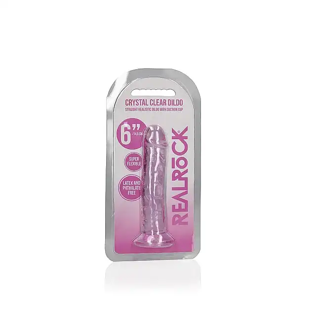 RealRock - Crystal Clear 6" Pink. Realistyczne dildo z przyssawką w podstawie, przezroczysty materiał o delikatnym różowym zabarwieniu