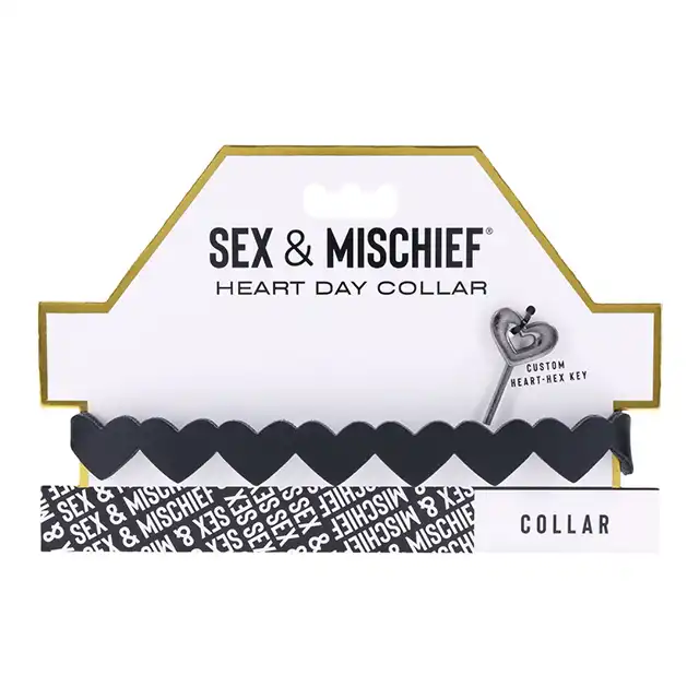 Sex &amp; Mischief - Heart Day Collar. Czarna obroża na szyję z serduszkami, choker z miękkiej sztucznej skóry z kluczykiem w kształcie serduszka