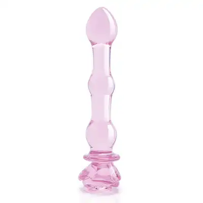 Glaze Glass - Rosebud Beaded Dildo 20 cm. Niezwykłe różowe, profilowane szklane dildo z ozdobną różyczką. Uroczy i elegancki prezent. 