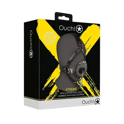 Ouch! - Open Mouth Gag Head Harness with Plug - harness na głowę z gagiem w postaci zatyczki 