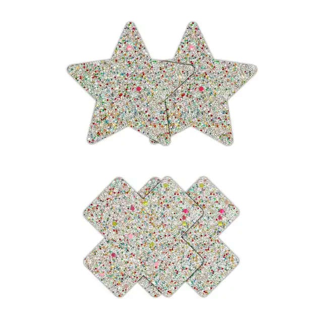 Pretty Pasties - Star And Cross Glow In Dark. Dwie pary naklejek na sutki w dwóch kształtach, nasutniki świecące w ciemności