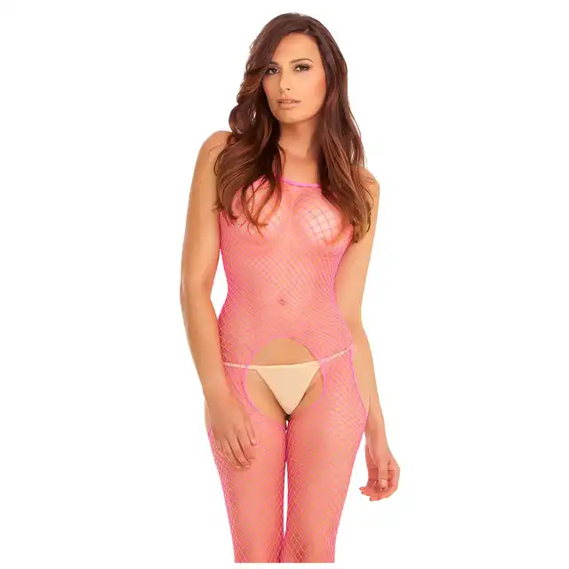 Rene Rofe Lingerie - Industrial Net bodystock Pink. Różowy, cukierkowy bodystocking z wycięciami na kroczu i biodrach