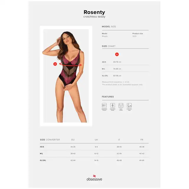 Obsessive - Rosenty body otwarte M/L. Eleganckie damskie body z różową koronką i prześwitującymi wstawkami