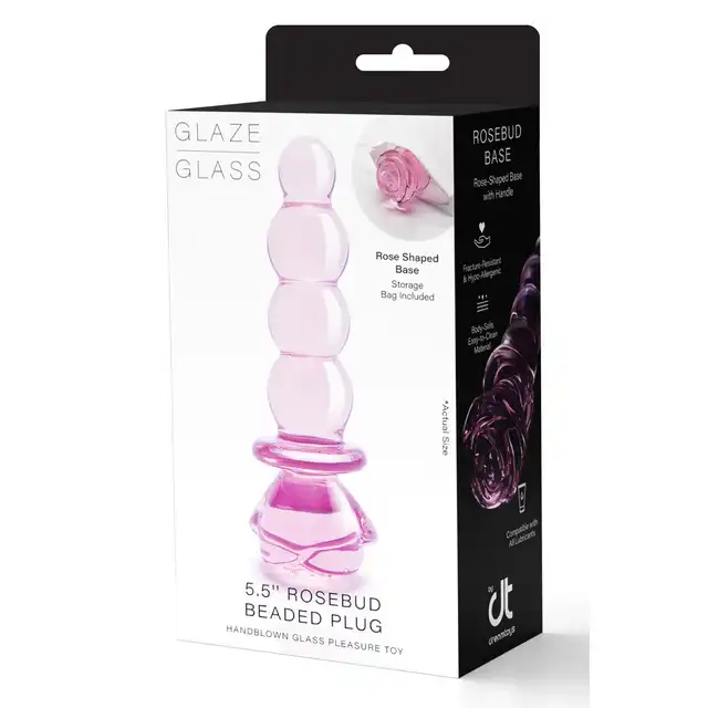 Glaze Glass - Rosebud Beaded Plug 14 cm. Różowy, szklany korek analny ze żłobieniami i elegancką różyczką. Jakość premium. 