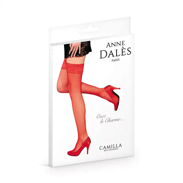 Anne Dales Paris - Camilla Stockings Red T2 - samonośne, czerwone pończochy w formie fishnet