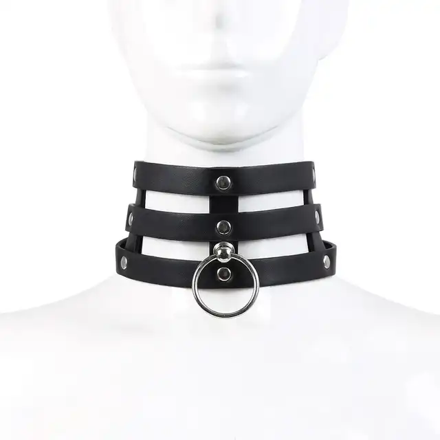 Oproducts - Tripple O-Ring Strap Collar PU-Leather. Potrójna, elegancka, czarna obroża choker z ekoskóry. 