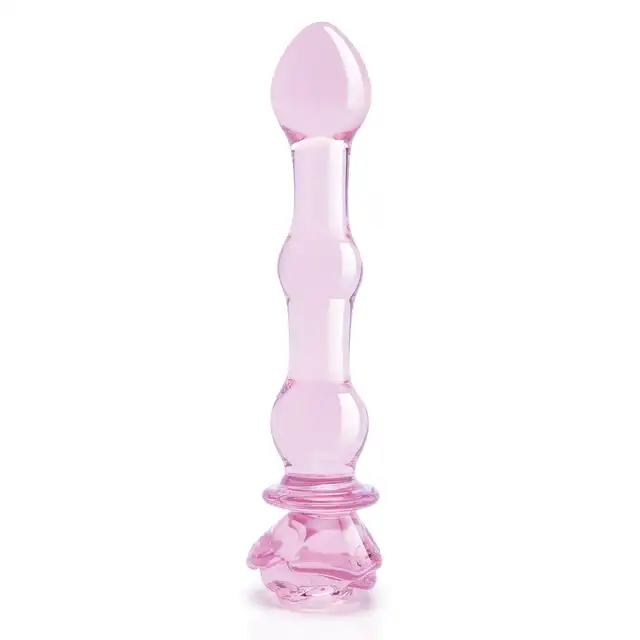 Glaze Glass - Rosebud Beaded Dildo 20 cm. Niezwykłe różowe, profilowane szklane dildo z ozdobną różyczką. Uroczy i elegancki prezent. 