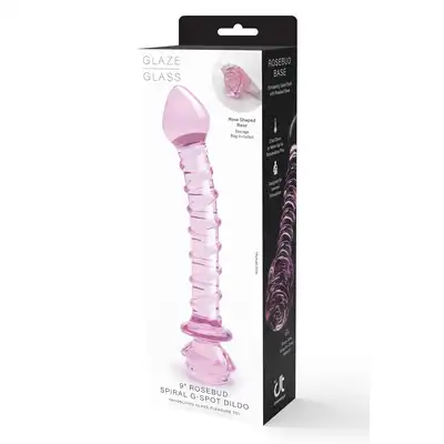 Glaze Glass - Rosebud Spiral G-spot Dildo. Teksturowane  spiralnie różowe szklane dildo do stymulacji punktu G ozdobione szklaną różyczką
