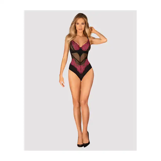 Obsessive - Rosenty body M/L. Kuszące czarne body z różową, kwiatową koronką. Dodaj sobie uroku!