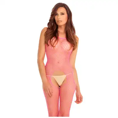 Rene Rofe Lingerie - Industrial Net bodystock Pink. Różowy, cukierkowy bodystocking z wycięciami na kroczu i biodrach