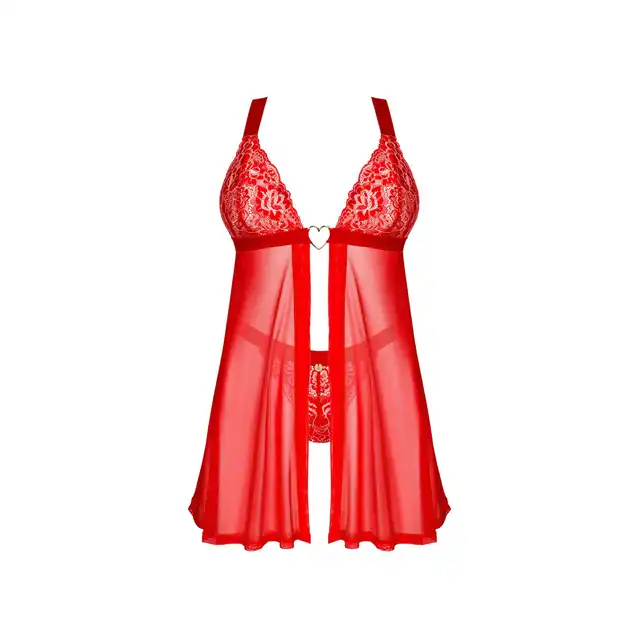Obsessive - Elianes babydoll i stringi XS/S. Kusząca czerwona koszulka z rozcięciem, koronką oraz złotym serduszkiem