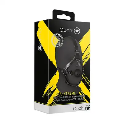Ouch! - Head Harness with Breathable Ball Gag - harness na głowę z oddychającym kneblem i hakiem na nos