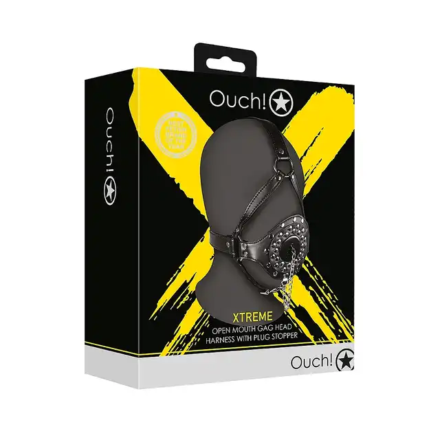 Ouch! - Open Mouth Gag Head Harness with Plug - harness na głowę z gagiem w postaci zatyczki 