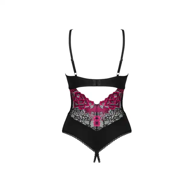 Obsessive - Rosenty body otwarte M/L. Eleganckie damskie body z różową koronką i prześwitującymi wstawkami