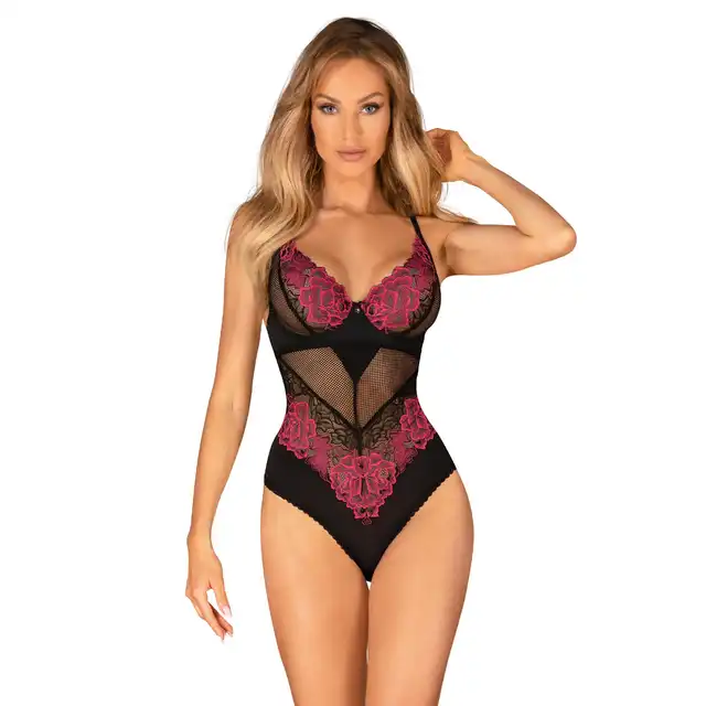 Obsessive - Rosenty body XS/S. Urocze i romantyczne czarne body z różową, kwiatową koronką 