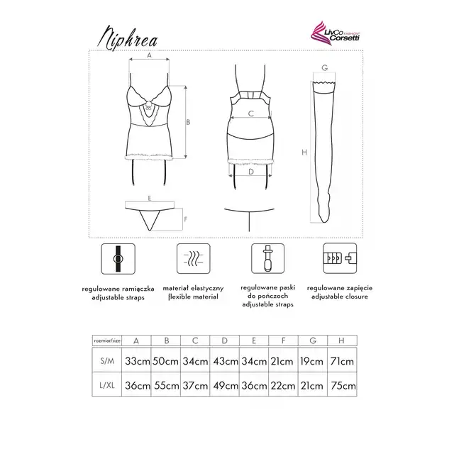 Livia Corsetti Collection - Niphrea S/M. Zjawiskowy komplet świątecznej Mikołajki, delikatna i zmysłowa koszulka w zestawie z pończochami, stringami, opaską i chokerem
