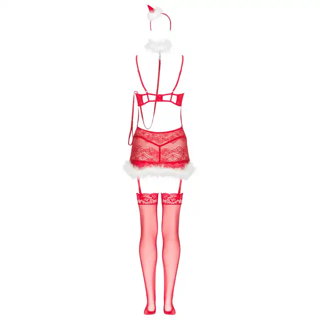 Livia Corsetti Collection - Niphrea S/M. Zjawiskowy komplet świątecznej Mikołajki, delikatna i zmysłowa koszulka w zestawie z pończochami, stringami, opaską i chokerem