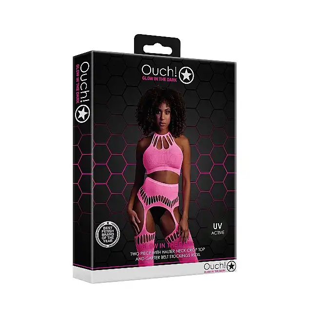 Ouch! - Two Piece with Crop Top and Stockings XS/XL. Neonowy bodystocking z topem wiązanym za szyją i pończochami połączonymi z pasem, świecące w ciemności. Ostatnia sztuka