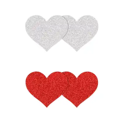 Pretty Pasties - Glitter Hearts Red &amp; Silver. Dwie pary naklejek na sutki w kształcie serduszek, czerwone i srebrne nasutniki z brokatem