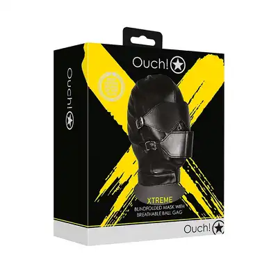 Ouch! - Blindfolded Mask with Breathable Ball Gag - maska na twarz z gagiem, kneblem oraz maską na oczy. Odetnij zmysły!
