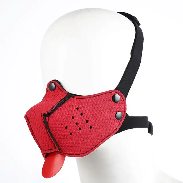 Kiotos - Neoprene Puppy Dog Red Mouth Mask BDSM. Czerwona maska psa z odpinanym pyskiem i języczkiem. Wyraź swój styl w puppy play!