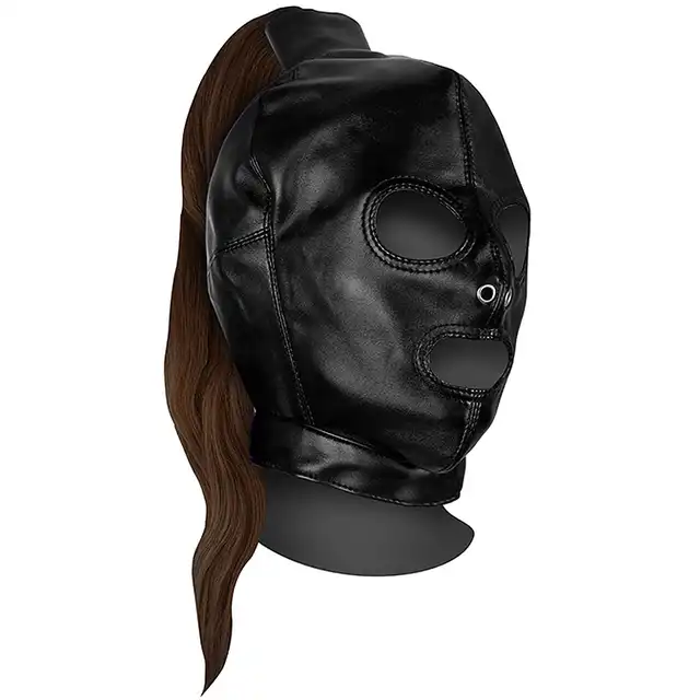 Ouch! - Mask with Brown Pony Tail - maska na twarz z brązowymi włosami w kształcie końskiego ogona