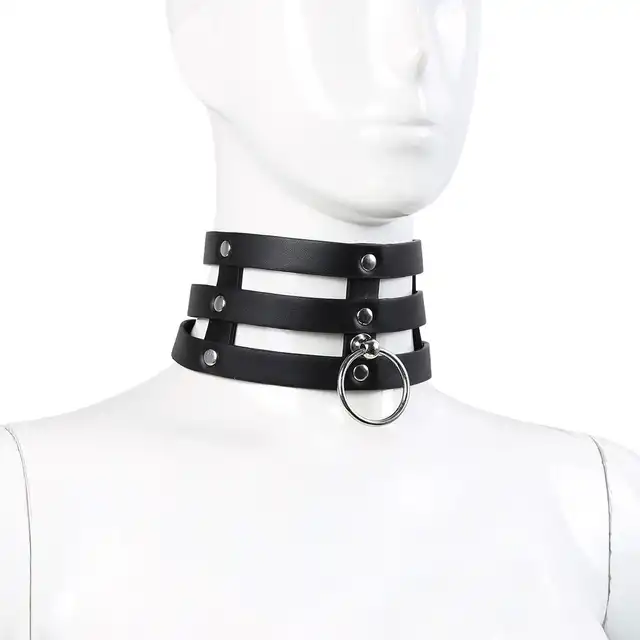 Oproducts - Tripple O-Ring Strap Collar PU-Leather. Potrójna, elegancka, czarna obroża choker z ekoskóry. 