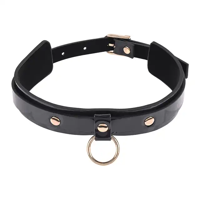 Sex &amp; Mischief - Orbit Day Collar. Elegancka czarna połyskująca obroża na szyję, połączenie luksusowej skóry ze złotymi dodatkami 