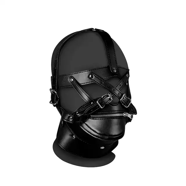 Ouch! - Head Harness with Zip-up Mouth and Lockm - harness na głowę z opcją zniewolenia. Zamek na usta 