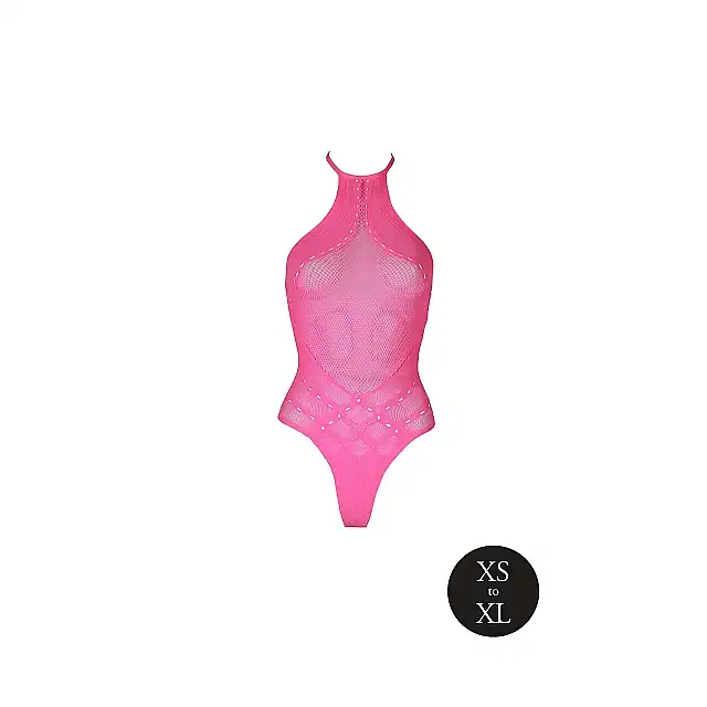 OUCH! - Body with Halter Neck Neon Pink XS/XL. Neonowy bodystocking o kroju body z wiązaniem za szyją, świecące w ciemności