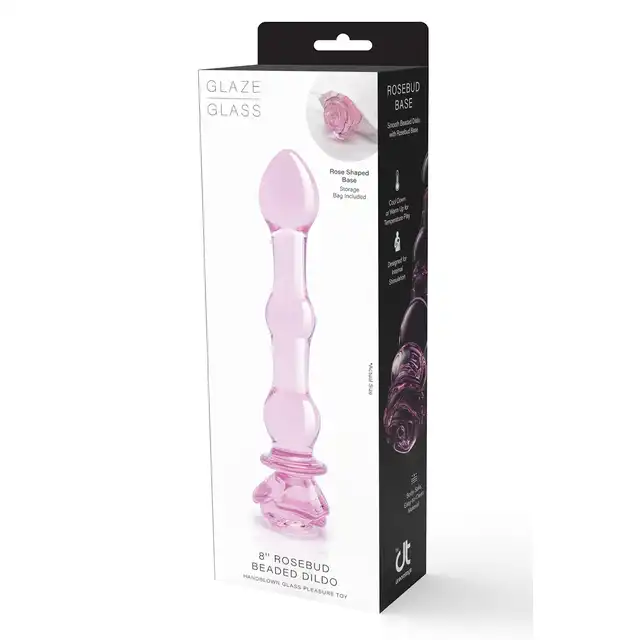 Glaze Glass - Rosebud Beaded Dildo 20 cm. Niezwykłe różowe, profilowane szklane dildo z ozdobną różyczką. Uroczy i elegancki prezent. 